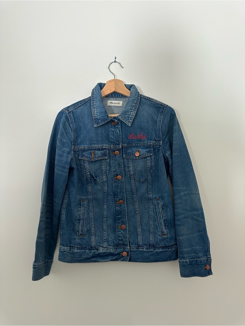 Madewell Blue Denim Jacket with Red "Buddy" Embroidery
